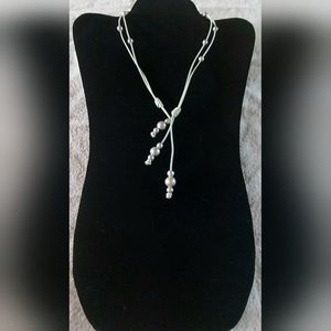 Handmade Siver Pearl & Light Green Leather 3-Way Necklace